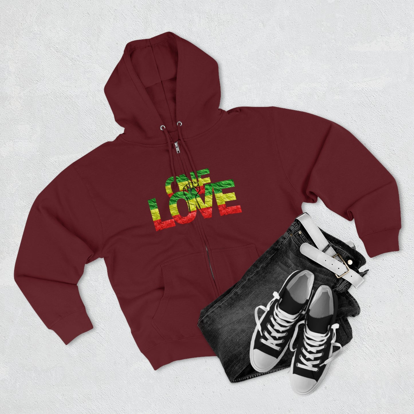 ONE LOVE POWER STATEMENT ZIP FRONT HOODIE GIFT FOR REGGAE LOVERS
