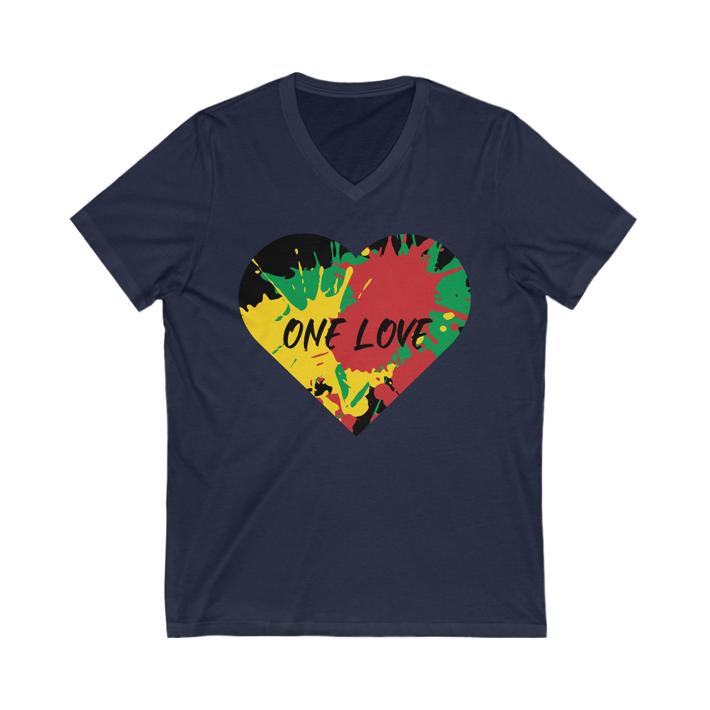 ONE LOVE RED GREEN AND GOLD HEART V NECK T SHIRT