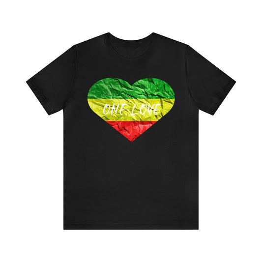 ONE LOVE RED GREEN AND GOLD HEART SHORT SLEEVE TSHIRT