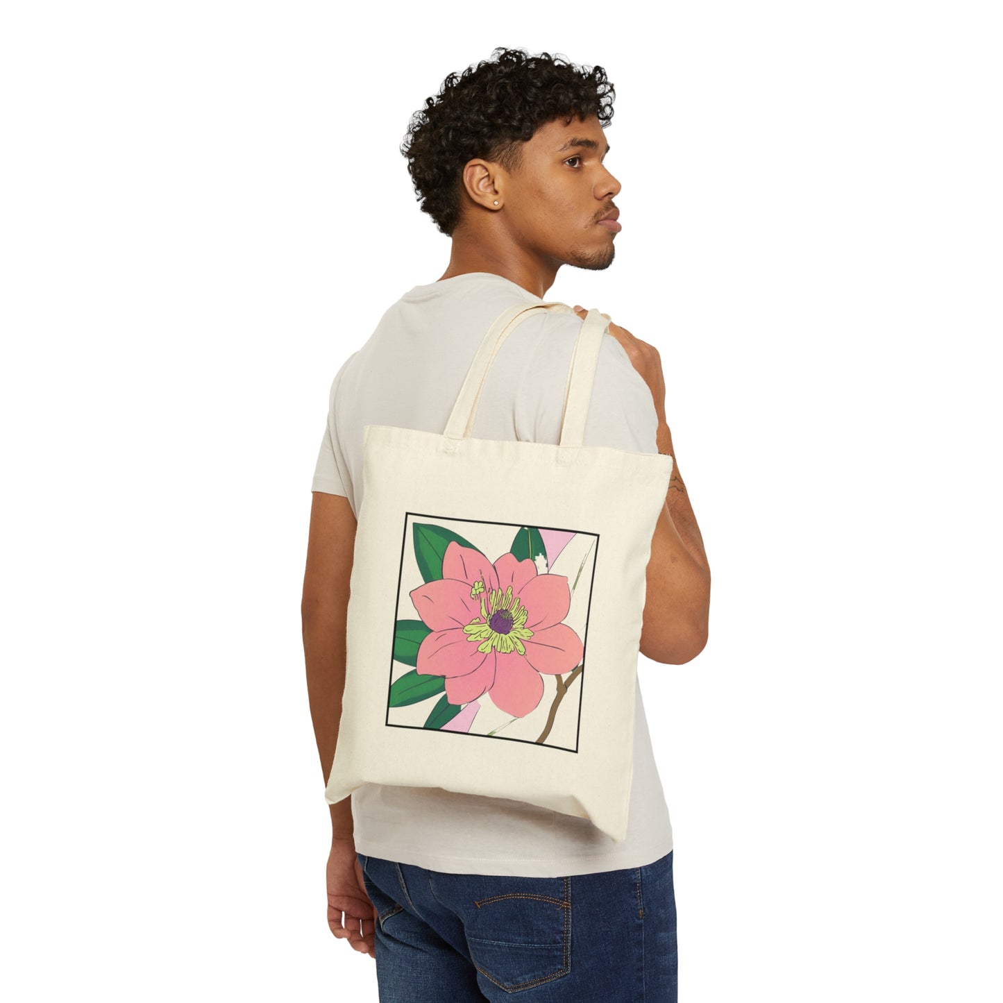 Pink Flower Painting Design Cotton Canvas Tote Bag