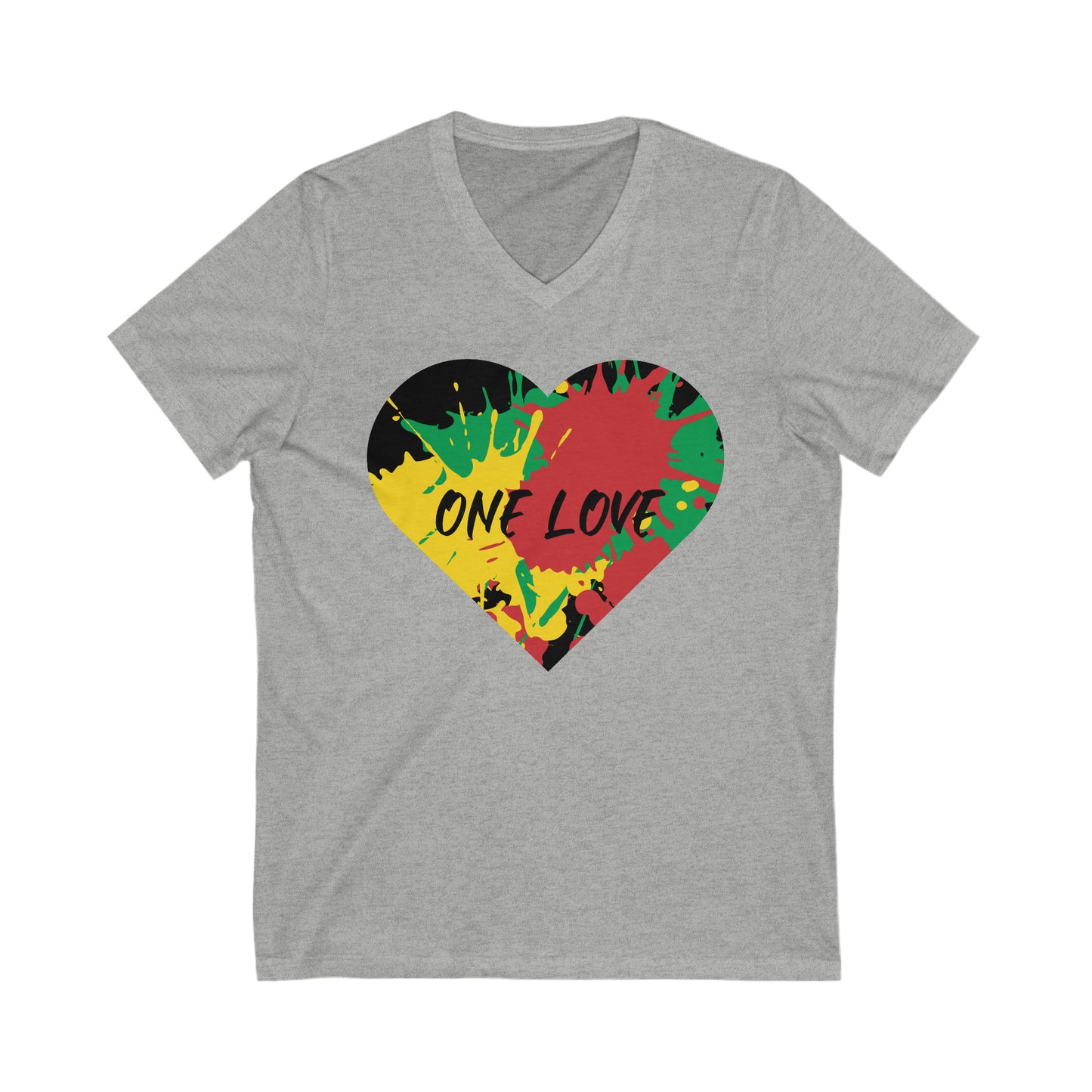 ONE LOVE RED GREEN AND GOLD HEART V NECK T SHIRT