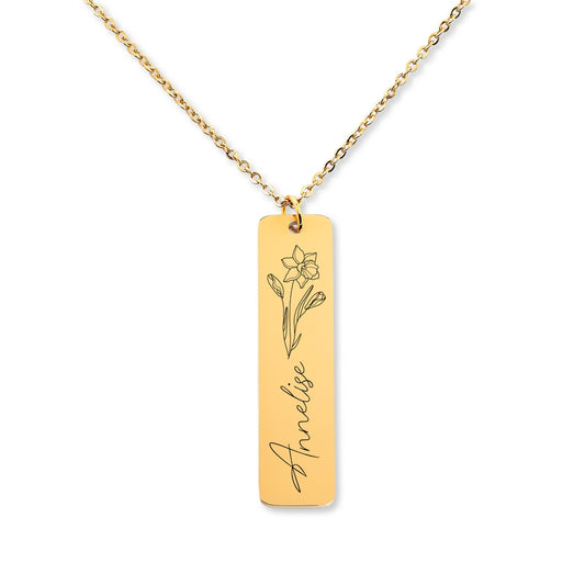 ENGRAVED NAME AND BIRTH FLOWER NECKLACE