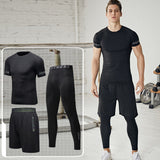 Image of man wearing. short sleeve shirt, shorts and leggings BLACK COLOR  MEN THREE PIECE QUICK DRY GYM WEAR SET