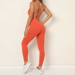 AUTUMN RED COLOR ONE PIECE STRAPPY BACK WORK OUT JUMPSUIT