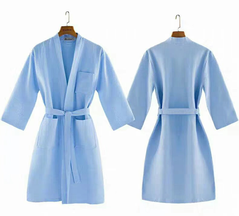 SKY BLUE  FRONT AND BACK VIEW 100% COTTEN HOTEL STYLE WAFFLE  BATH ROBES