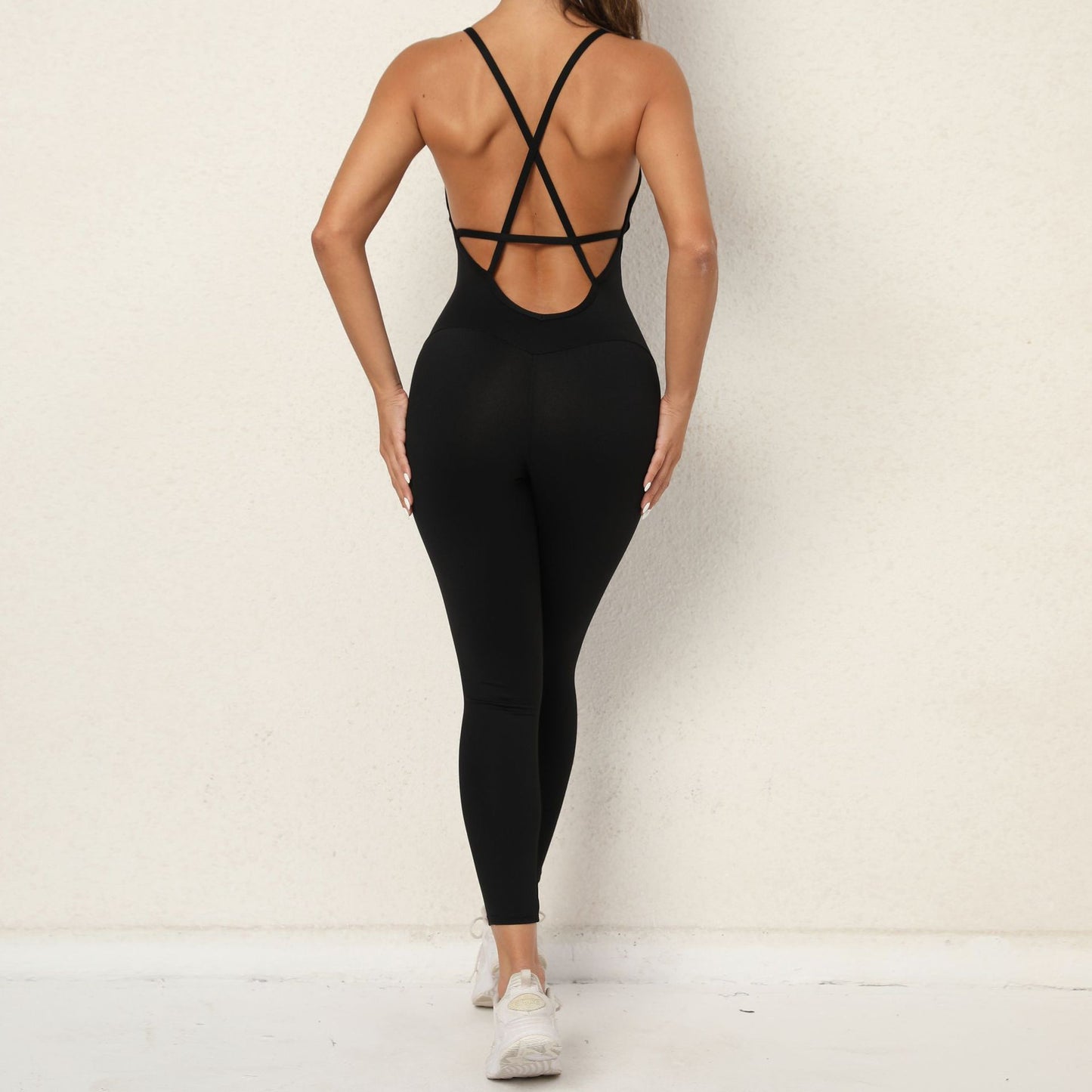 BLACK COLOR ONE PIECE STRAPPY BACK WORK OUT JUMPSUIT