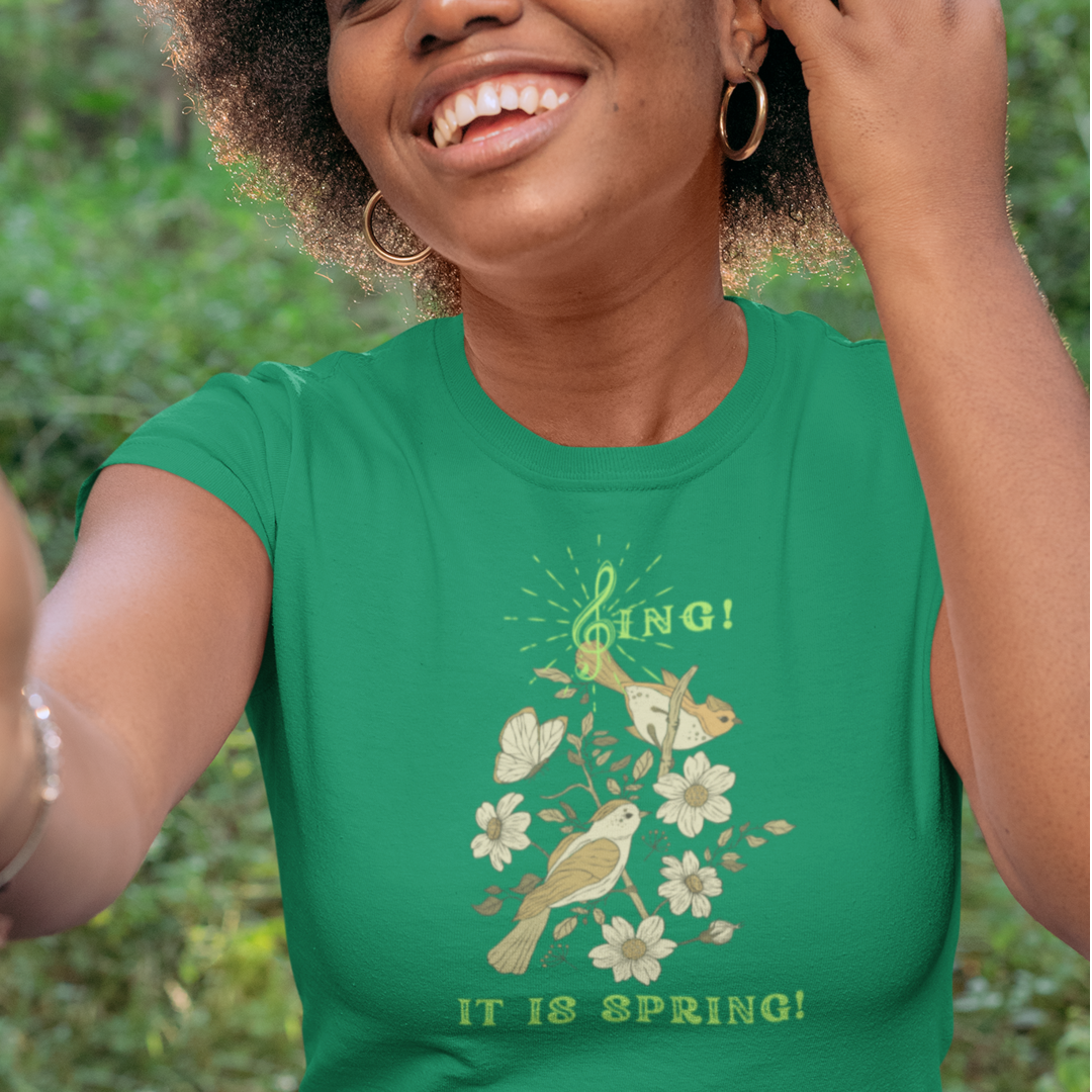 SING IT IS SPRING UNISEX CREW NECK TEE SHIRT WITH GREEN FONT