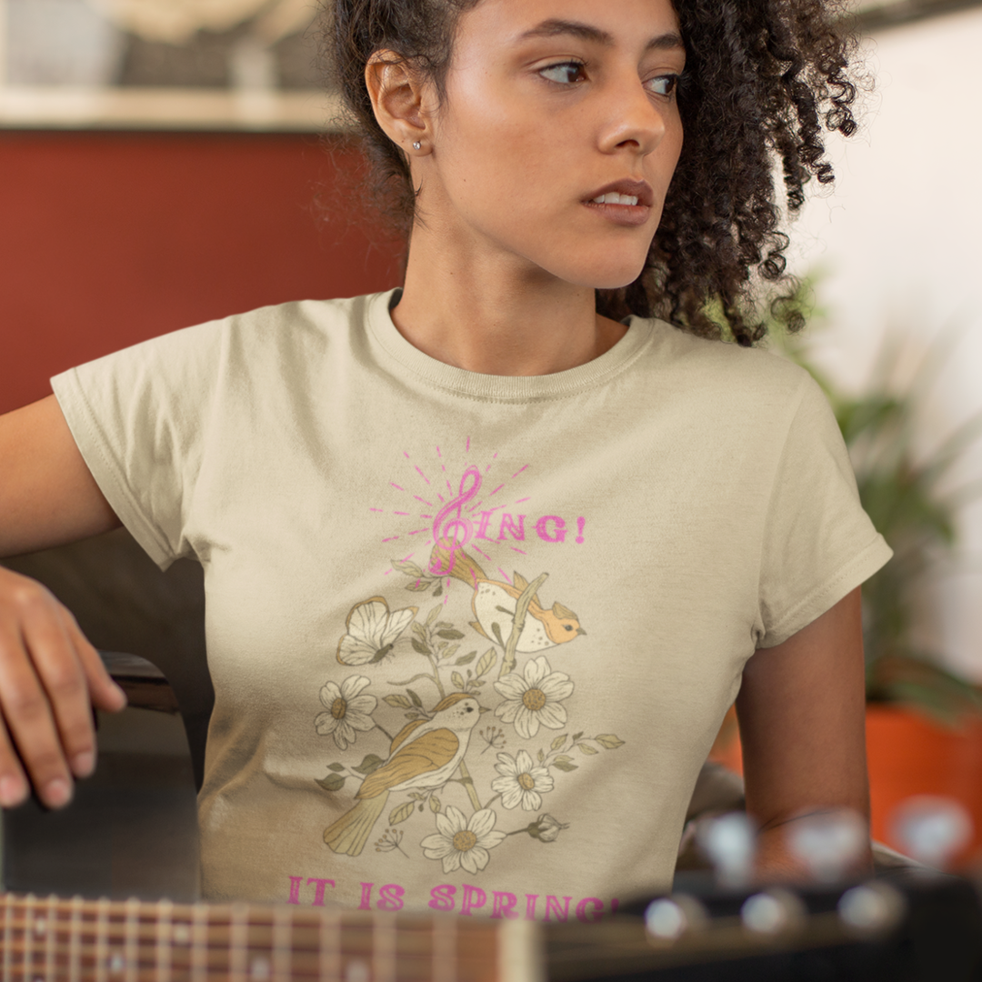 SING IT IS SPRING UNISEX  CREW NECK T SHIRT GIFT WITH PINK FONT
