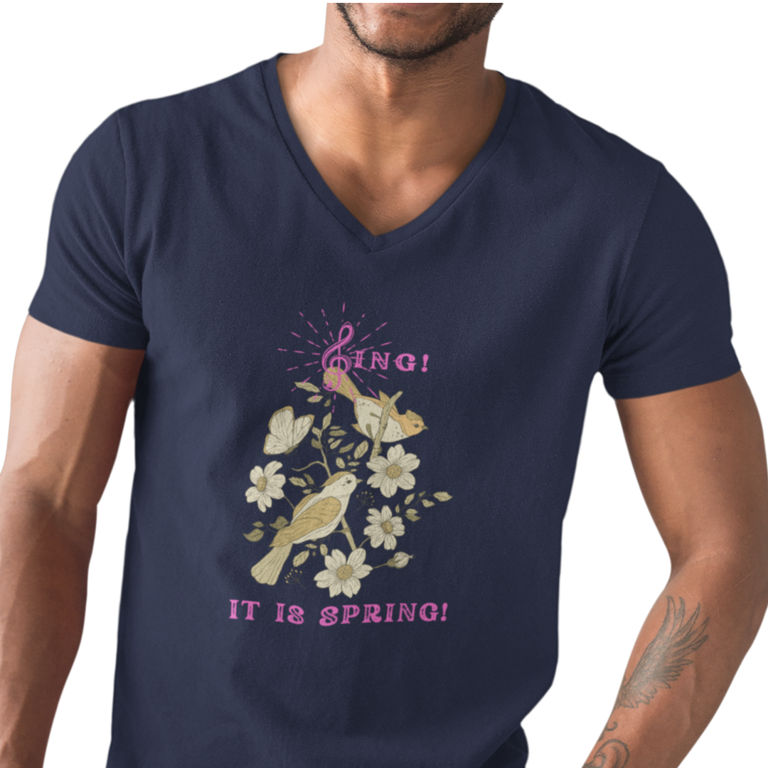 SING IT IS SPRING UNISEX V NECK  T SHIRT GIFT WITH PINK FONT