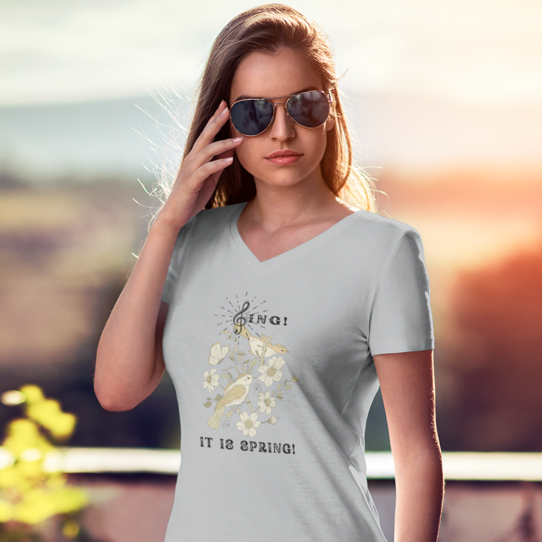 SING THIS IS SPRING UNISEX V NECK T SHIRT GIFT WITH BLACK FONT